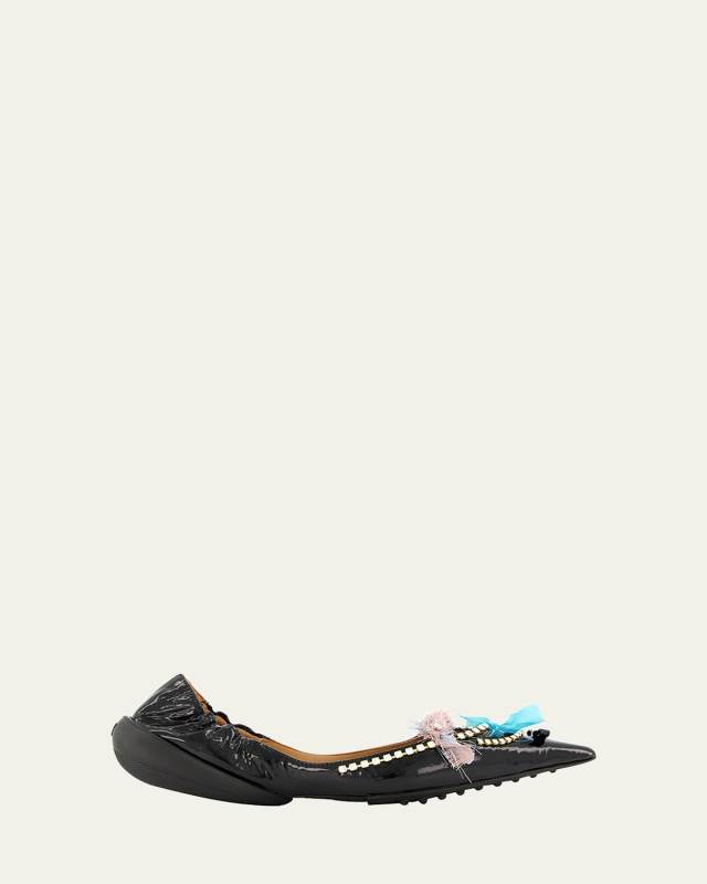 Milky Pointed Bow Crystal Ballerina Flats